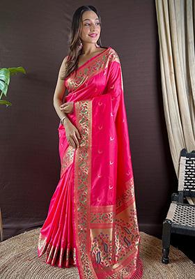 Pink Woven Paithani Silk Saree Set
