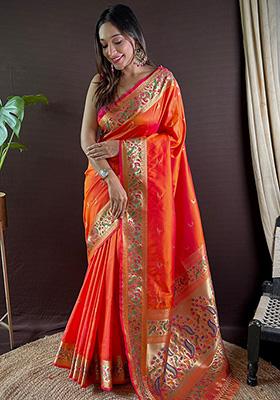 Orange Woven Paithani Silk Saree Set