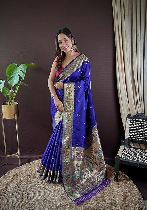 Blue Woven Paithani Silk Saree Set