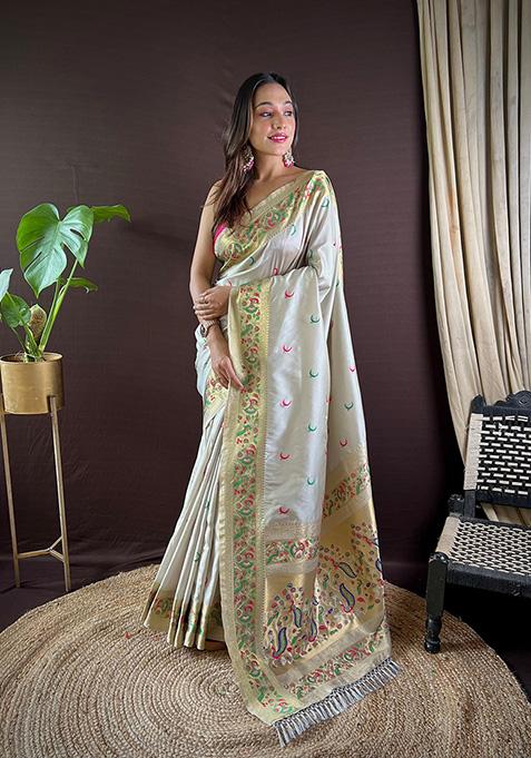 White Woven Paithani Silk Saree Set