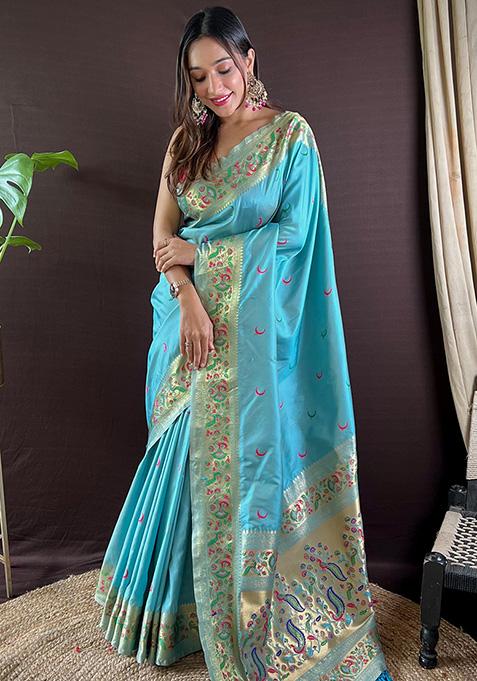 Sky Blue Woven Paithani Silk Saree Set