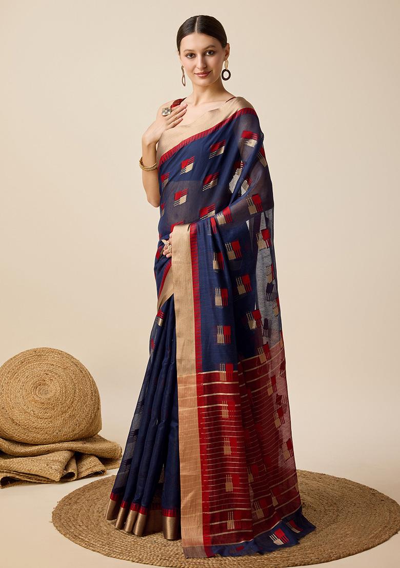 Navy Blue Woven Semi Cotton Soft Silk Saree Set - Indya