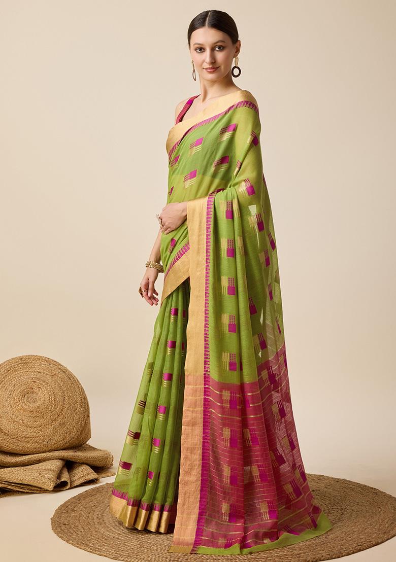 Green Woven Semi Cotton Soft Silk Saree Set - Indya