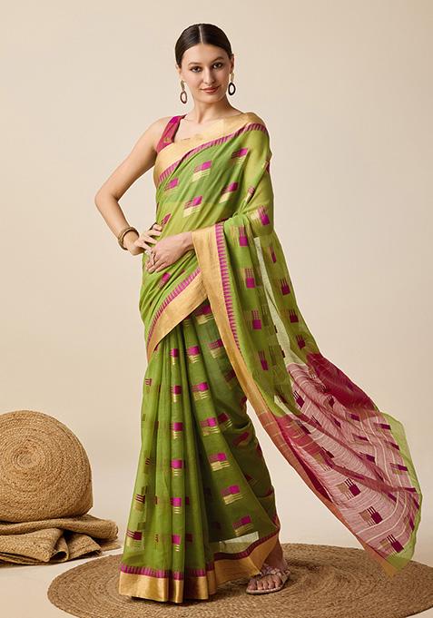 Green Woven Semi Cotton Soft Silk Saree Set