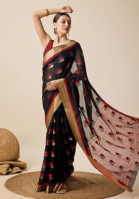 Black Woven Semi Cotton Soft Silk Saree Set