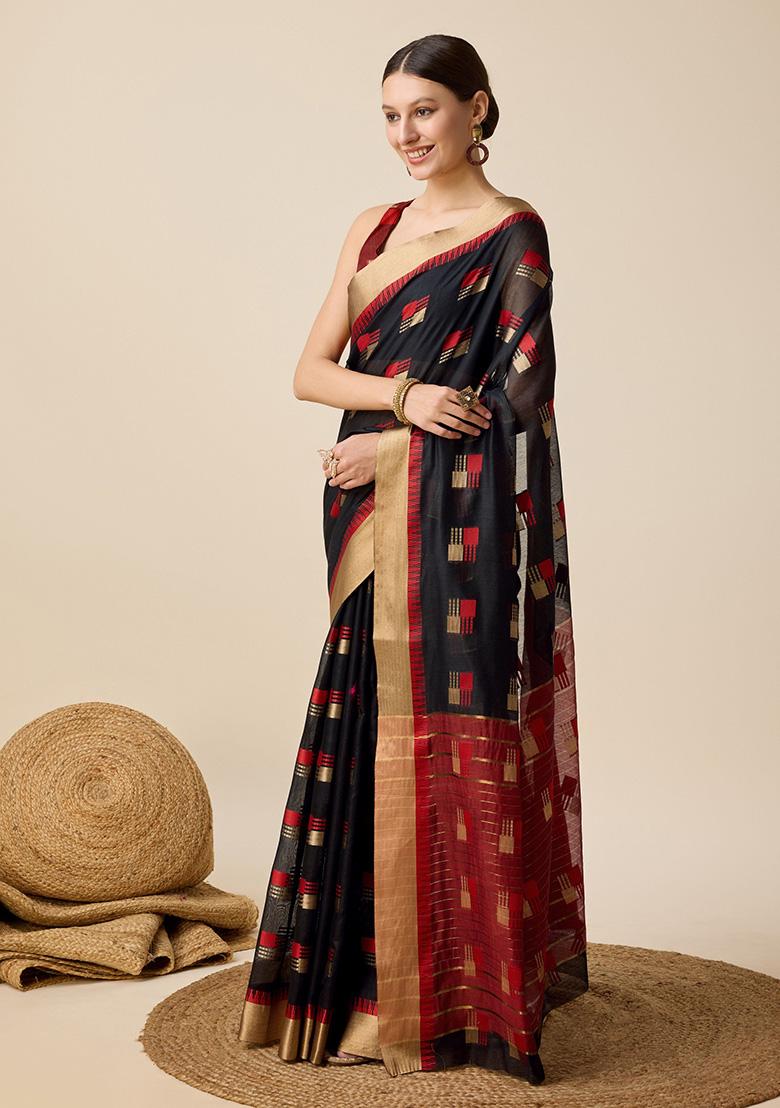 Black Woven Semi Cotton Soft Silk Saree Set - Indya