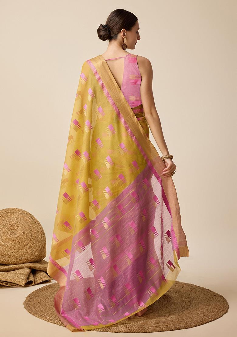 Mustard Woven Semi Cotton Soft Silk Saree Set