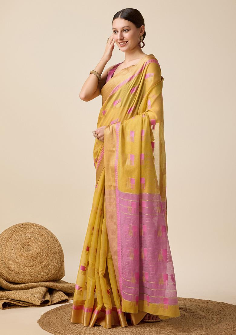 Mustard Woven Semi Cotton Soft Silk Saree Set - Indya