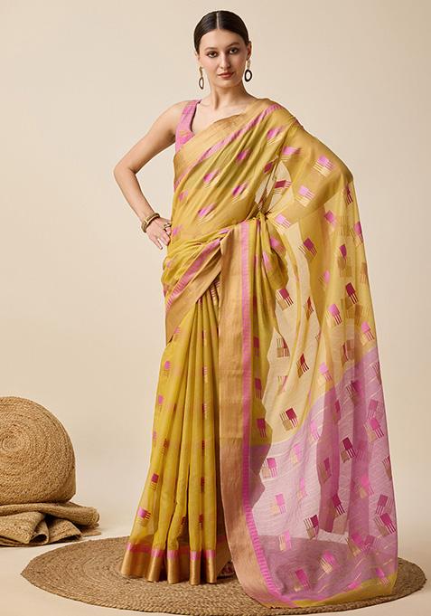 Mustard Woven Semi Cotton Soft Silk Saree Set