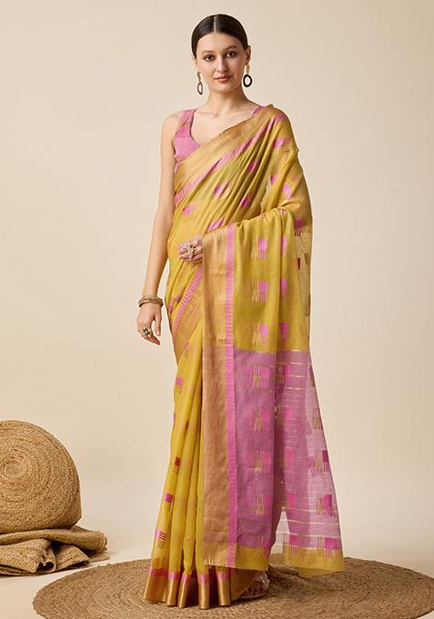 Mustard Woven Semi Cotton Soft Silk Saree Set