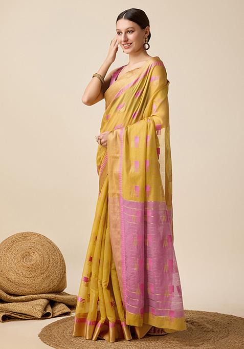 Mustard Woven Semi Cotton Soft Silk Saree Set