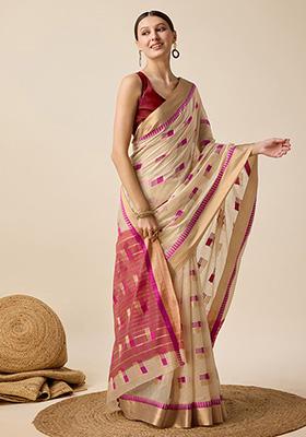 Cream Woven Semi Cotton Soft Silk Saree Set