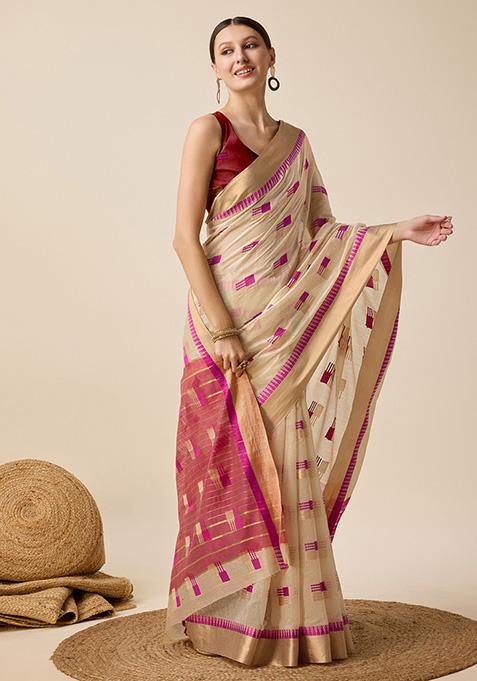 Cream Woven Semi Cotton Soft Silk Saree Set