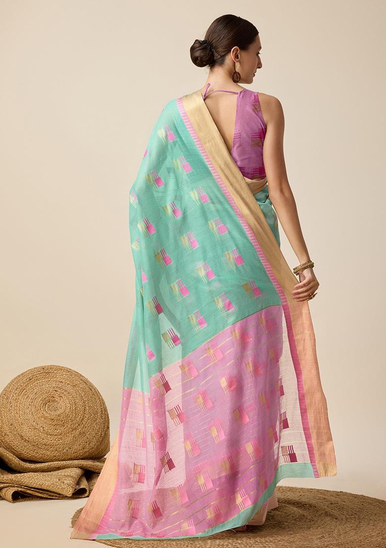 Sky Blue Woven Semi Cotton Soft Silk Saree Set