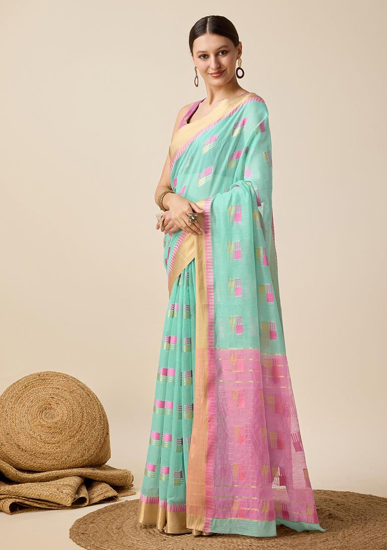 Sky Blue Woven Semi Cotton Soft Silk Saree Set