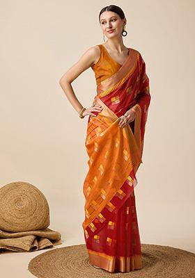 Red Woven Semi Cotton Soft Silk Saree Set