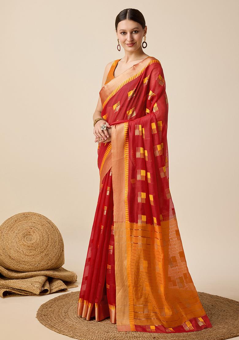 Red Woven Semi Cotton Soft Silk Saree Set