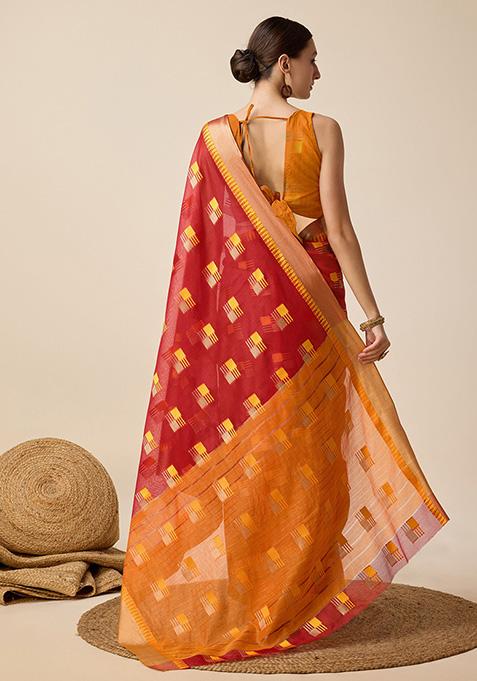 Red Woven Semi Cotton Soft Silk Saree Set