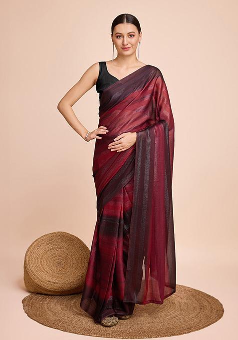 Red And Black Printed Chiffon Saree Set