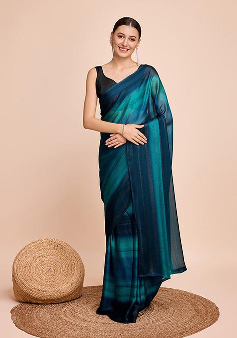 Rama Green And Black Printed Chiffon Saree Set