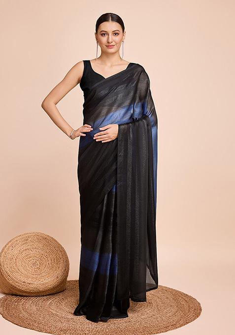 Blue And Black Printed Chiffon Saree Set