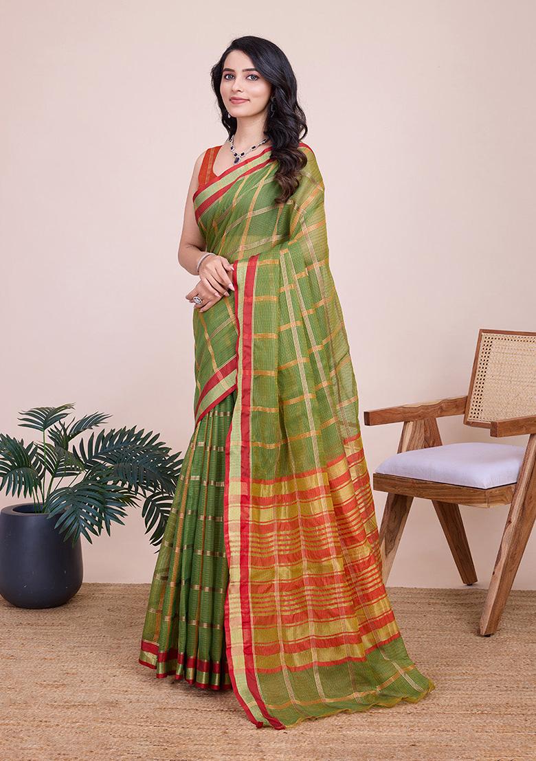 Green Woven Semi Cotton Saree Set