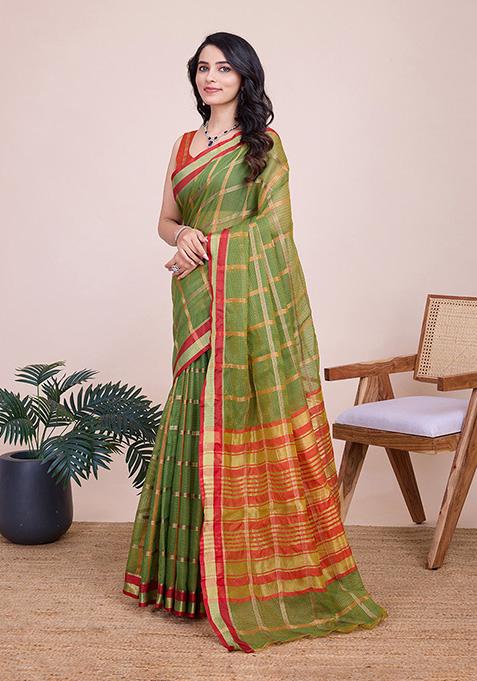 Green Woven Semi Cotton Saree Set