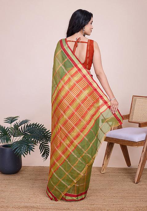 Green Woven Semi Cotton Saree Set