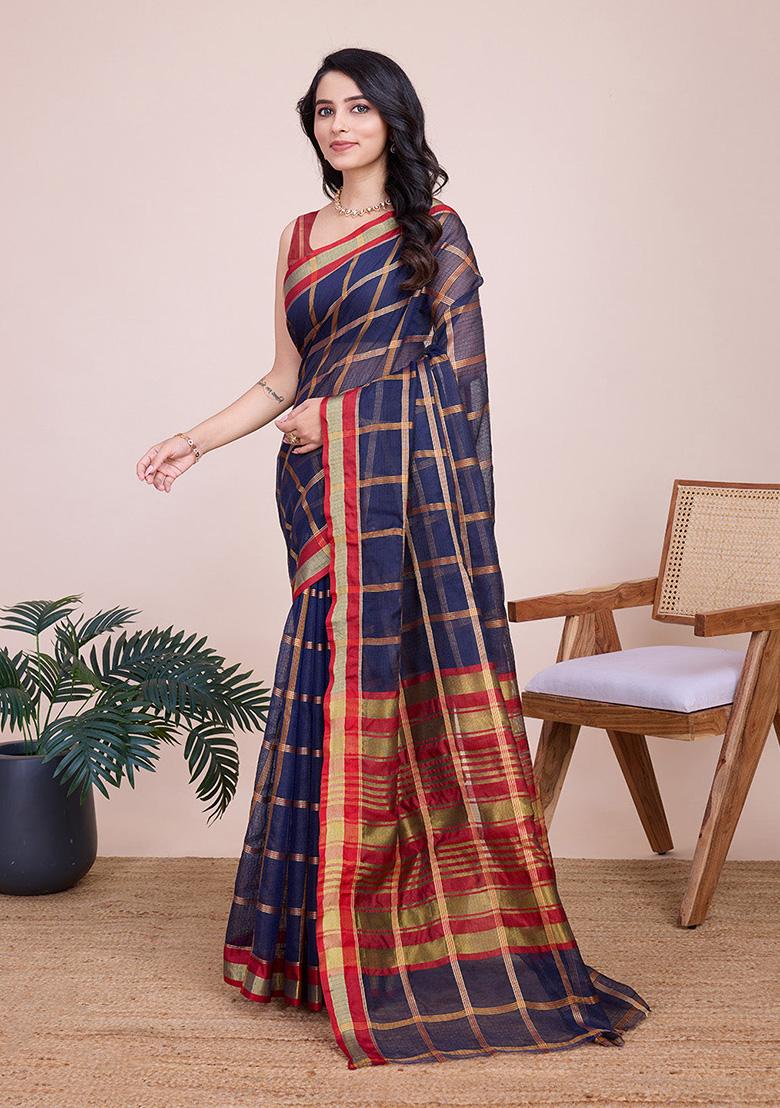 Blue Woven Semi Cotton Saree Set - Indya