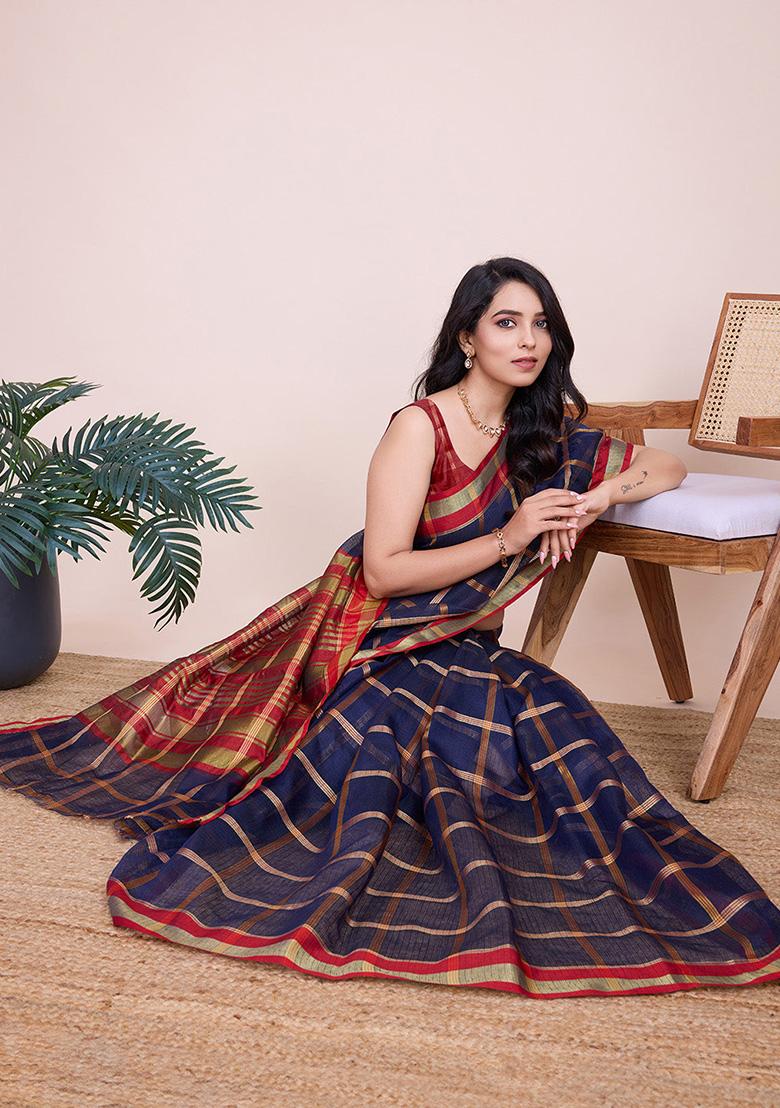Blue Woven Semi Cotton Saree Set - Indya