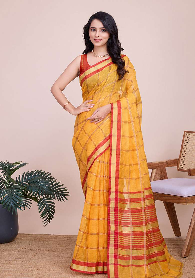 Yellow Woven Semi Cotton Saree Set - Indya