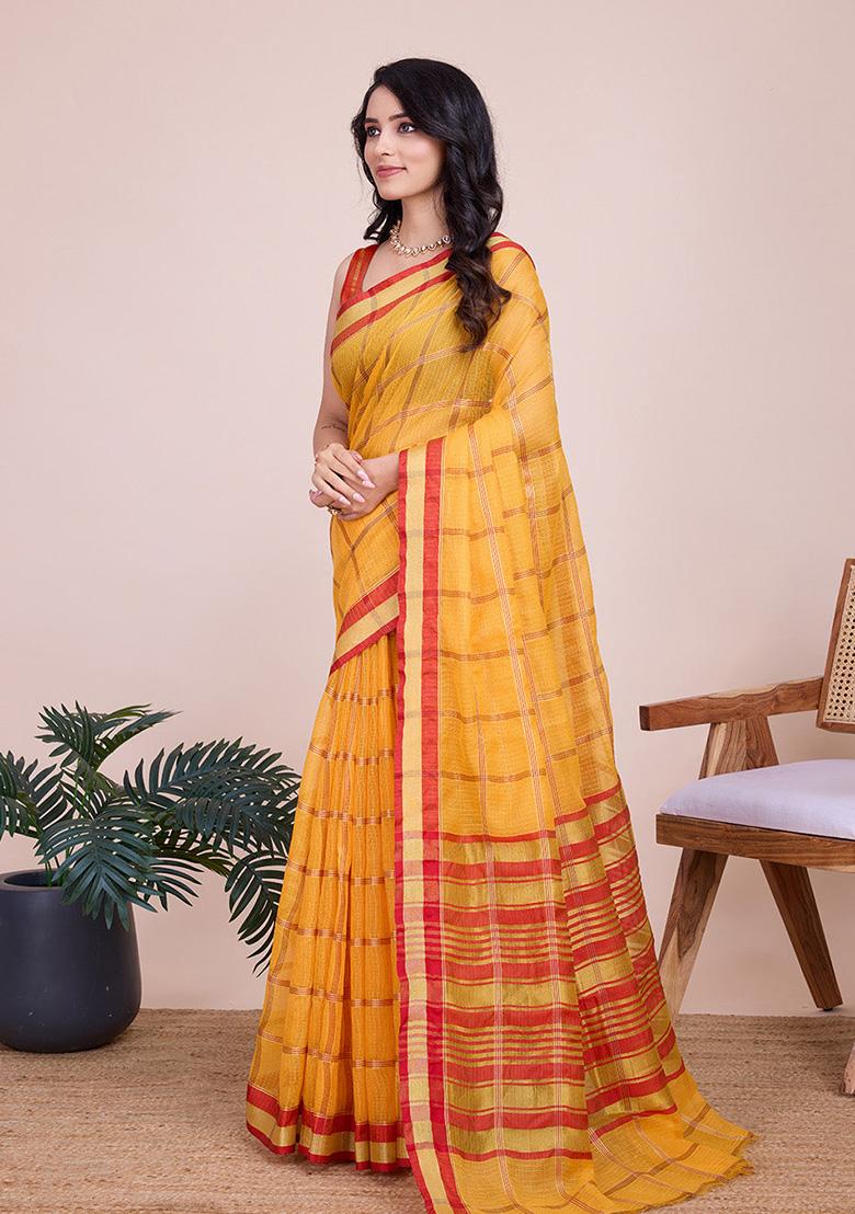Yellow Woven Semi Cotton Saree Set