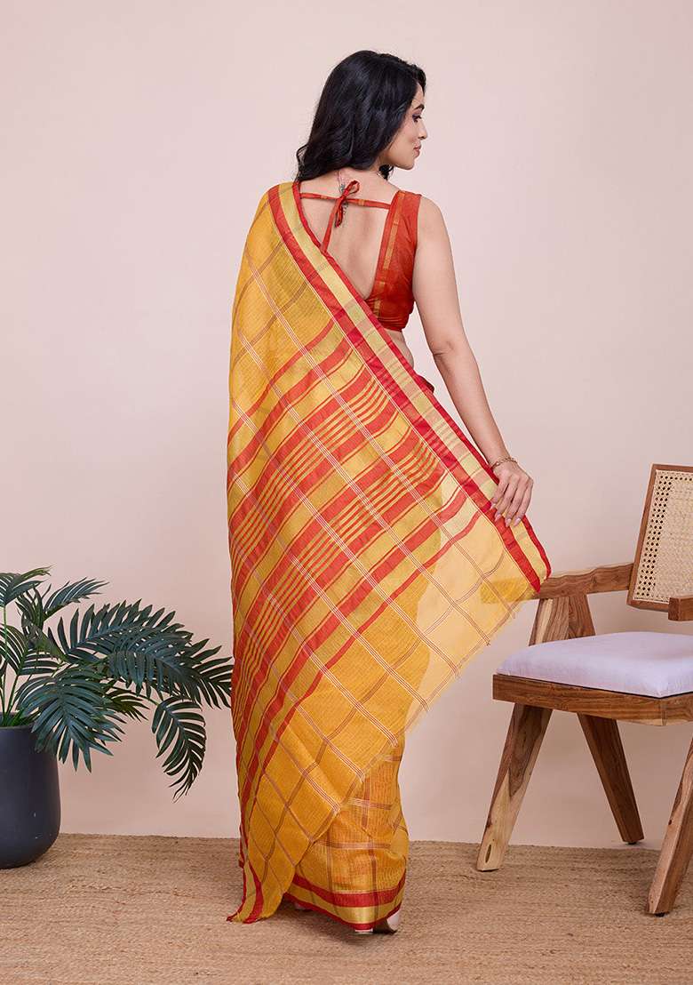 Yellow Woven Semi Cotton Saree Set - Indya