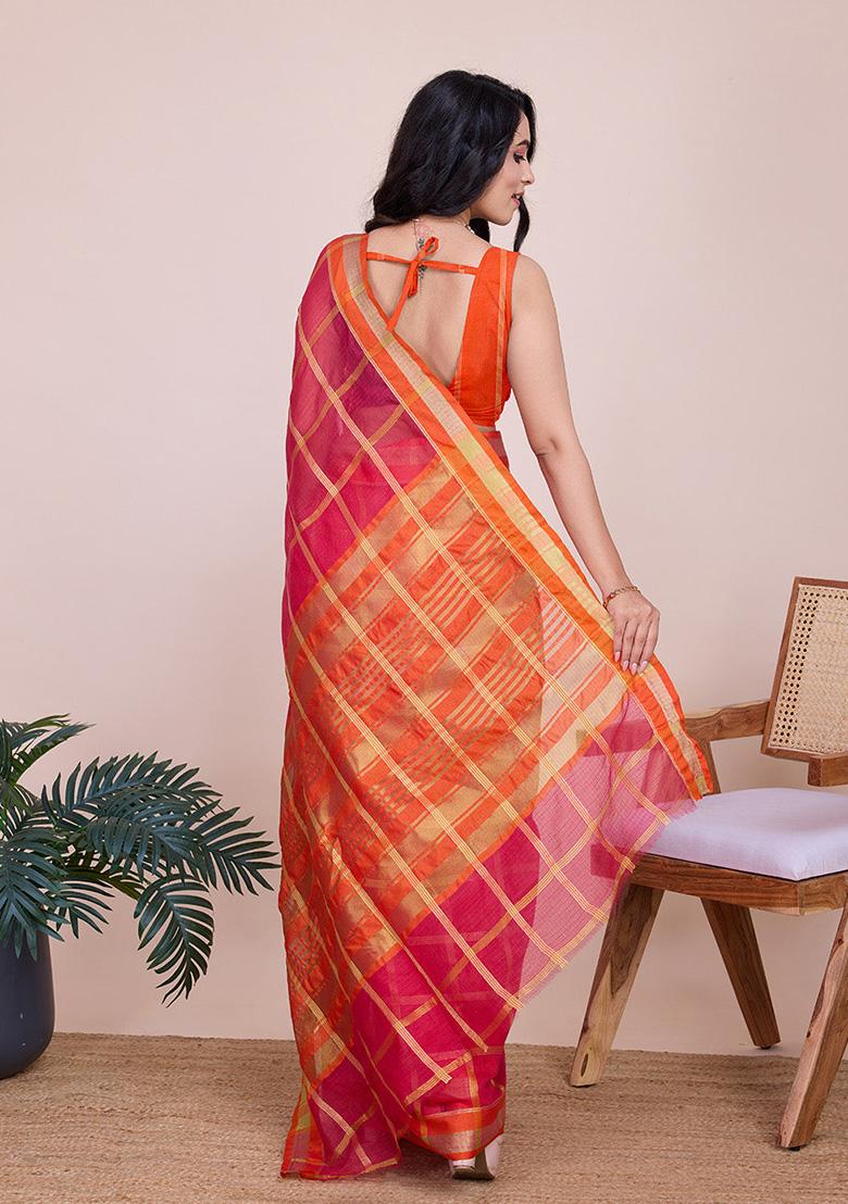 Red Woven Semi Cotton Saree Set