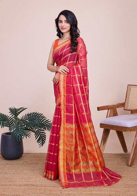 Red Woven Semi Cotton Saree Set