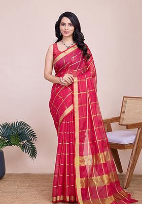 Pink Woven Semi Cotton Saree Set