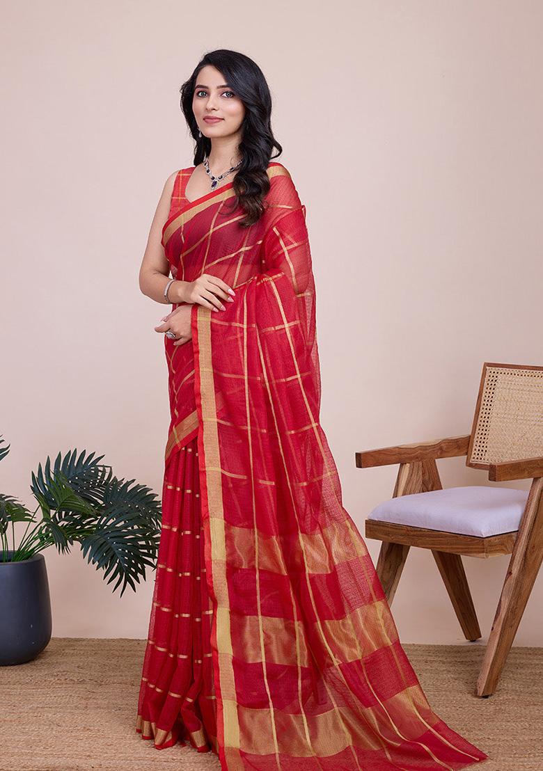 Red Woven Semi Cotton Saree Set