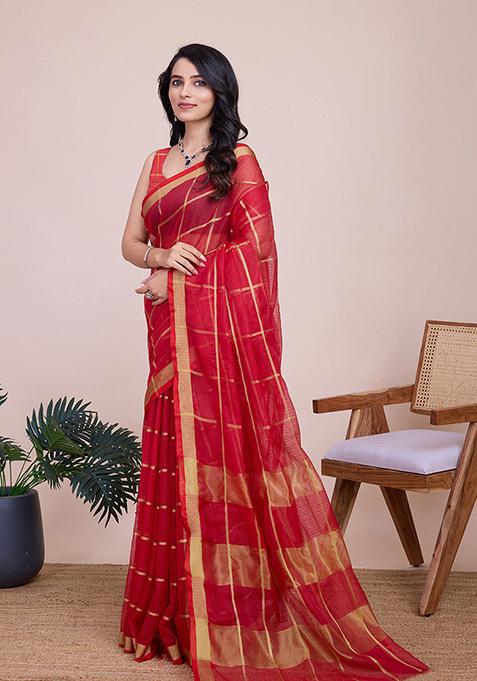 Red Woven Semi Cotton Saree Set