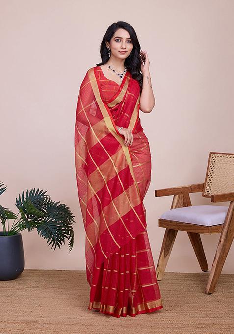 Red Woven Semi Cotton Saree Set