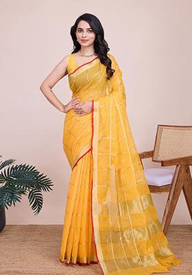 Yellow Woven Semi Cotton Saree Set