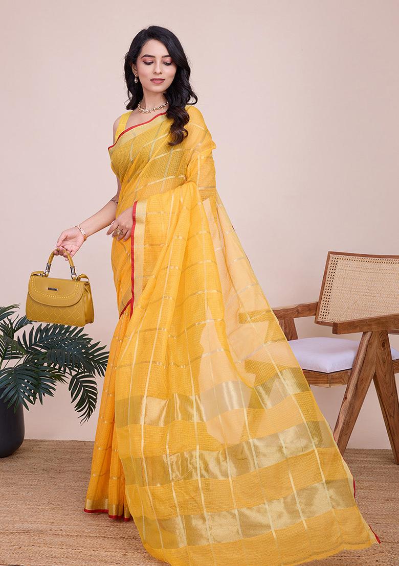 Yellow Woven Semi Cotton Saree Set
