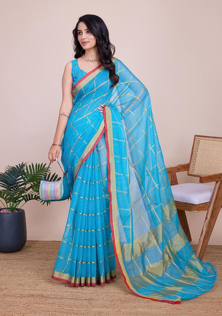 Sky Blue Woven Semi Cotton Saree Set