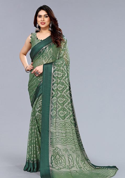 Olive Green Printed Chiffon Brasso Saree Set