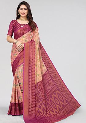 Purple Printed Chiffon Brasso Saree Set