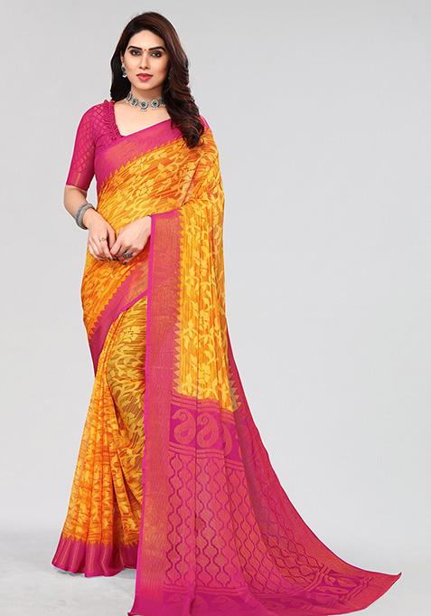 Yellow Printed Chiffon Brasso Saree Set