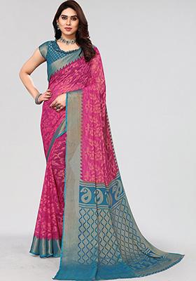 Pink Printed Chiffon Brasso Saree Set