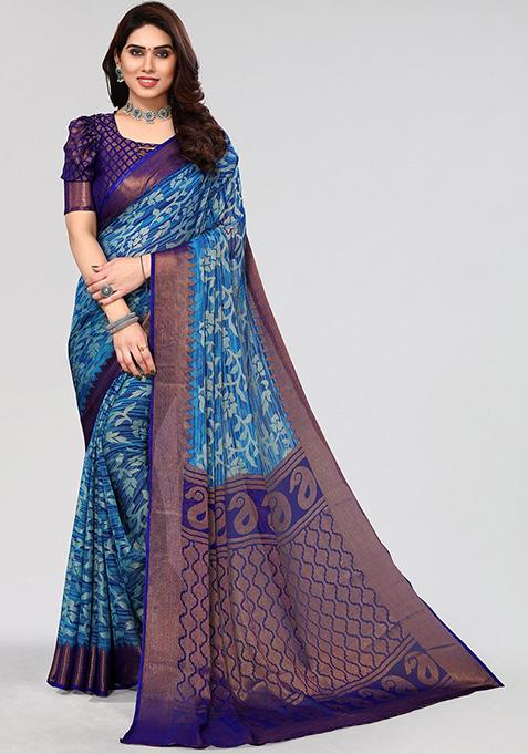 Firozi Printed Chiffon Brasso Saree Set