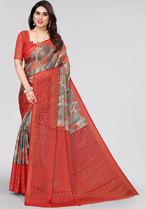 Red Printed Chiffon Brasso Saree Set