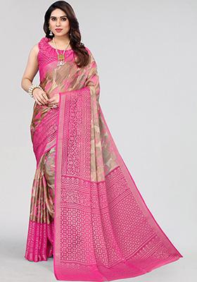 Pink Printed Chiffon Brasso Saree Set