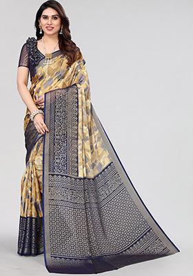 Navy Blue Printed Chiffon Brasso Saree Set